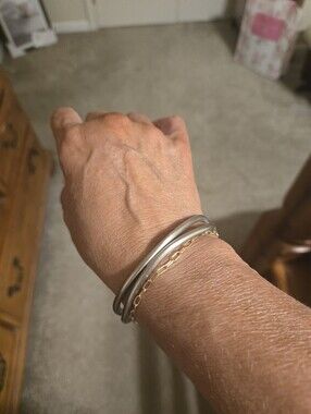Twisted Silver Mixed Metal Bangle - Silver With Gold Tag